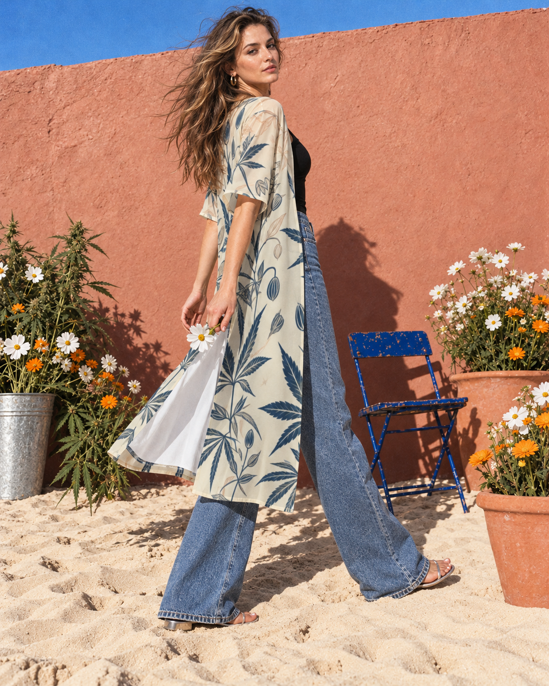 Soft Sativa botanical mesh cardigan by Jane Dope. Wind in the botanicals, showing the navy print and airy cream layer in the sand-and-flowers shoot.