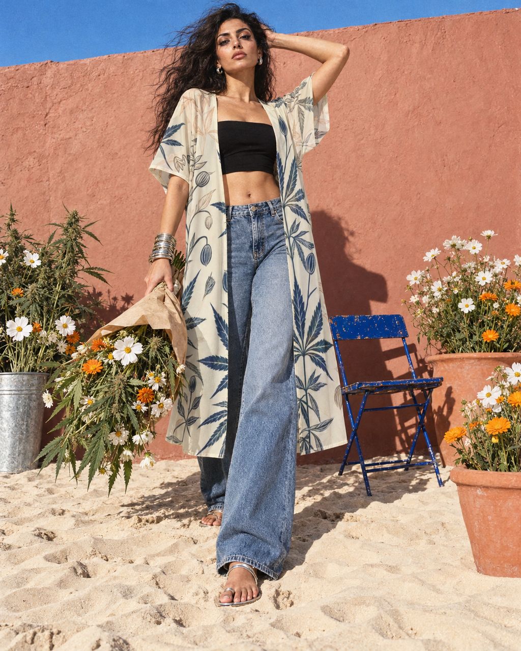 Soft Sativa long mesh cardigan by Jane Dope. Flower-market arrival: cream and navy botanical print styled in a sandy flower-market editorial.