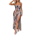Squad all-over print slit dress in white, front view on model