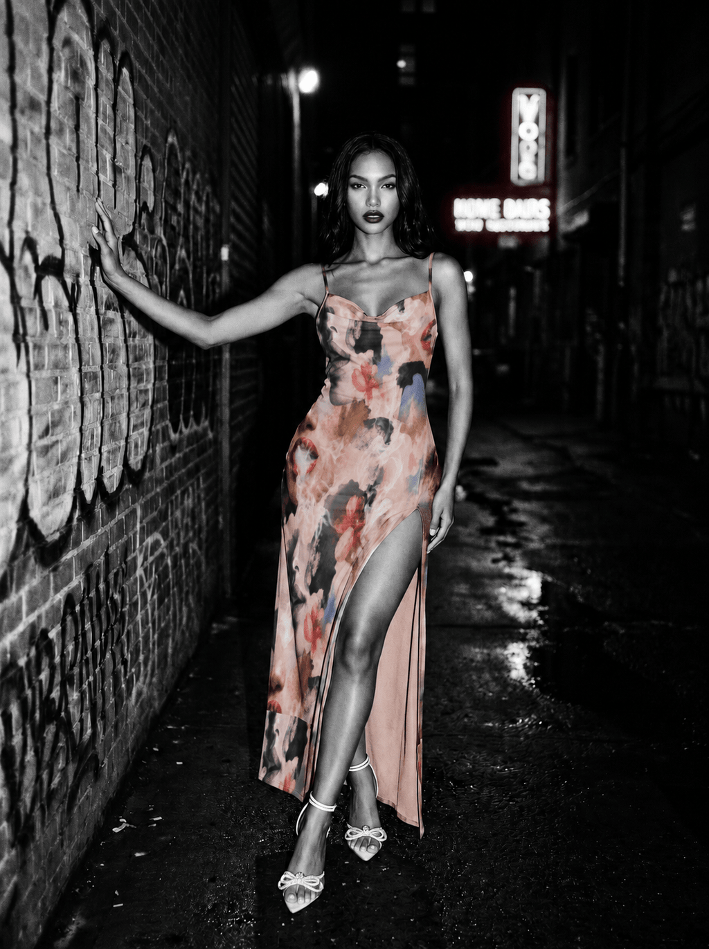 Jane Dope Squad all-over print fitted midi dress with thigh-high front slit, front view on model