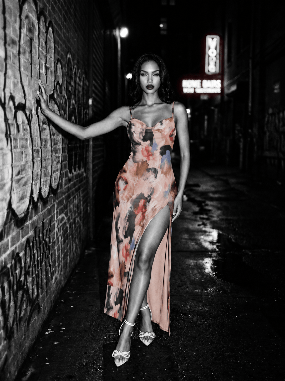 Jane Dope Squad all-over print fitted midi dress with thigh-high front slit, front view on model