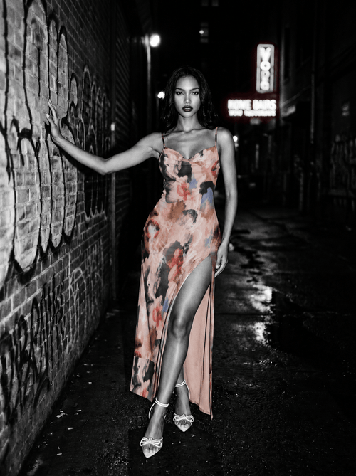 Jane Dope Squad all-over print fitted midi dress with thigh-high front slit, front view on model
