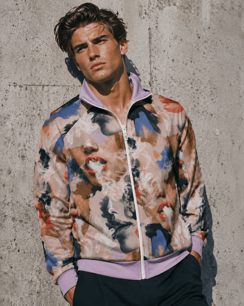 Jane Dope Squad all-over print stand-up collar zip jacket, lifestyle front view on model