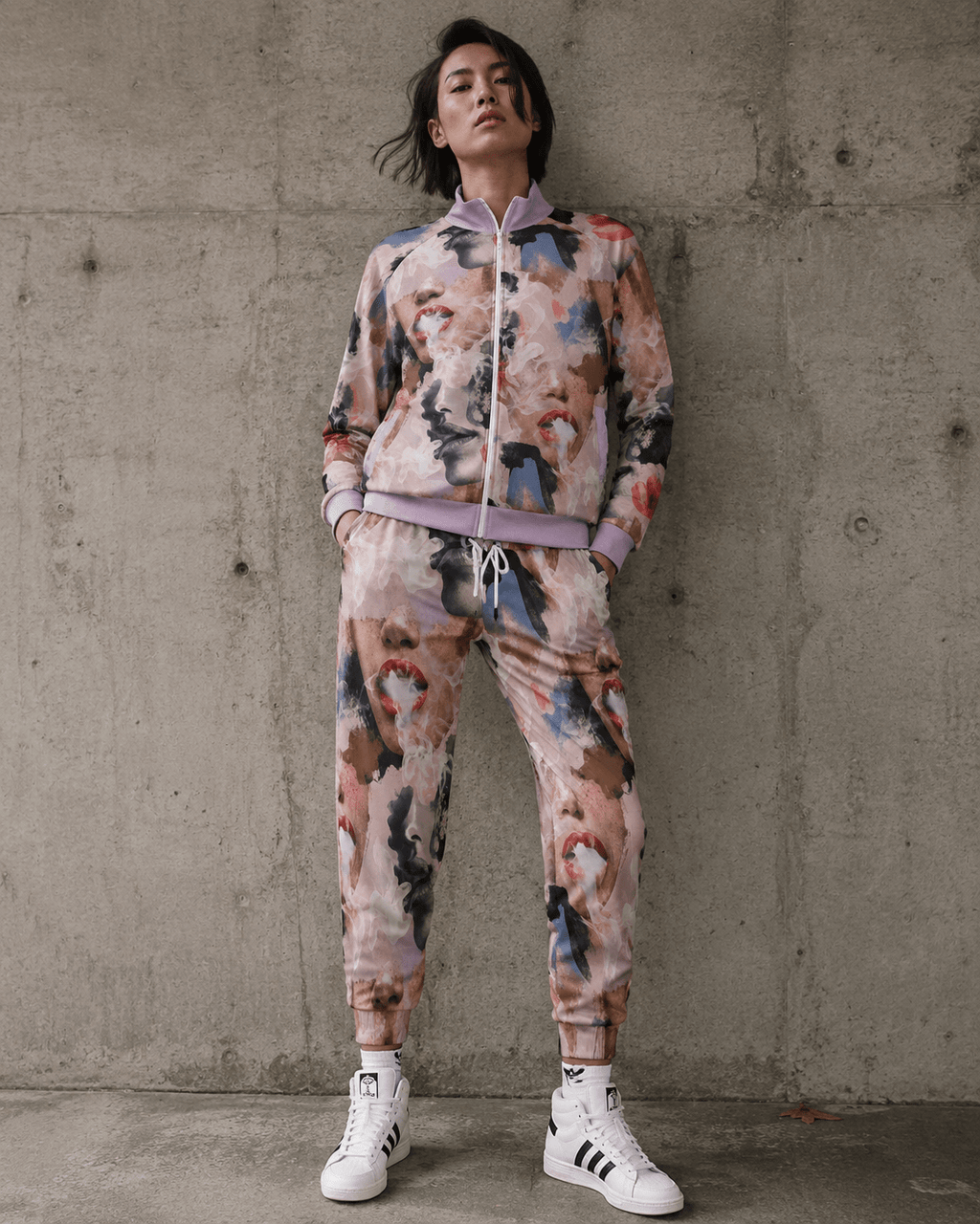 Jane Dope Squad all-over print unisex relaxed fit cotton pants, lifestyle front view on model