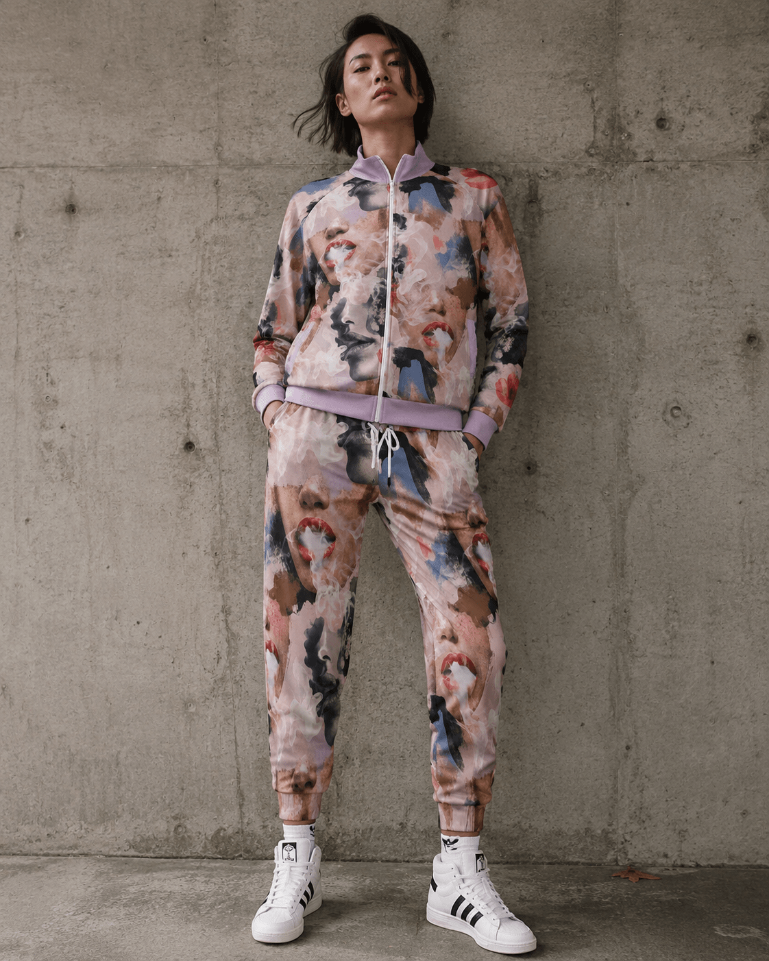 Jane Dope Squad all-over print unisex relaxed fit cotton pants, lifestyle front view on model