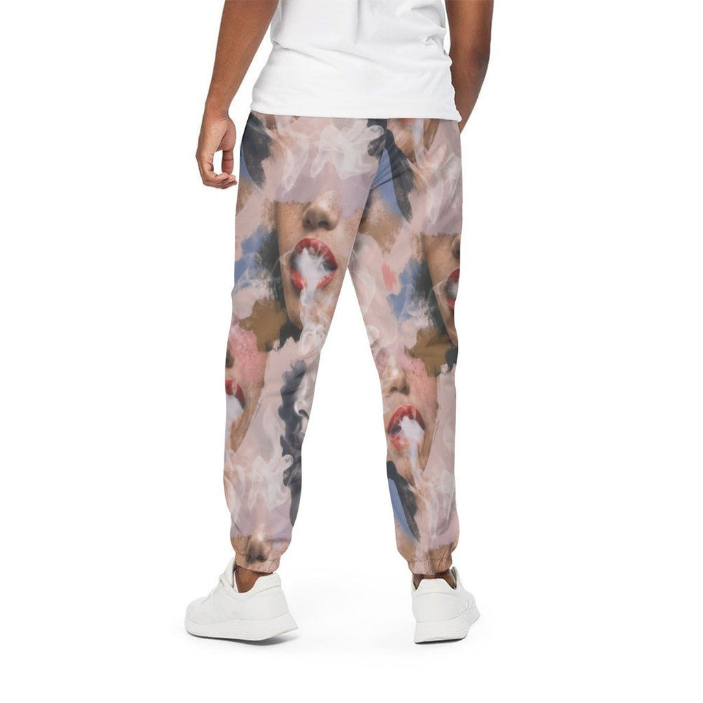 Squad all-over print cotton pants, side view on model showing silhouette