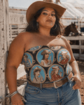 STAMPEDE graphic print crop tube top, outdoor lifestyle shot on model