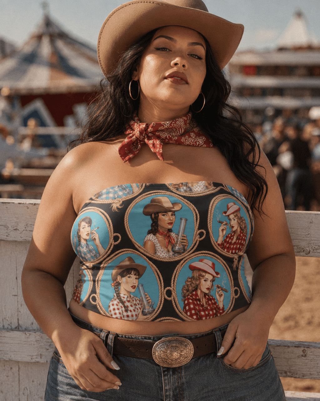 STAMPEDE graphic print crop tube top, full body shot on model