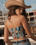 STAMPEDE graphic print crop tube top, side view on model