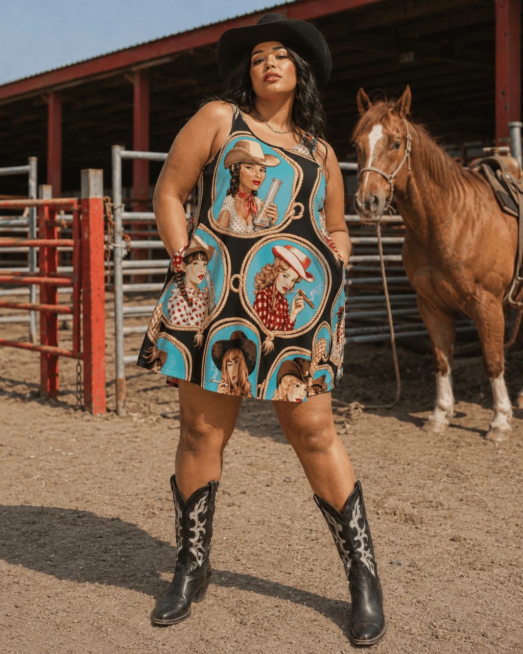 Jane Dope Stampede graphic print midi pocket dress, front view on model