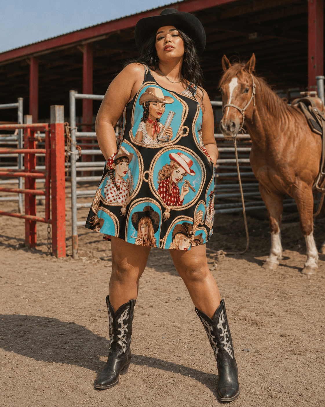 Jane Dope Stampede graphic print midi pocket dress, front view on model