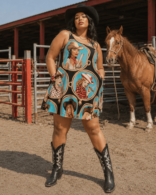 Jane Dope Stampede graphic print midi pocket dress, front view on model