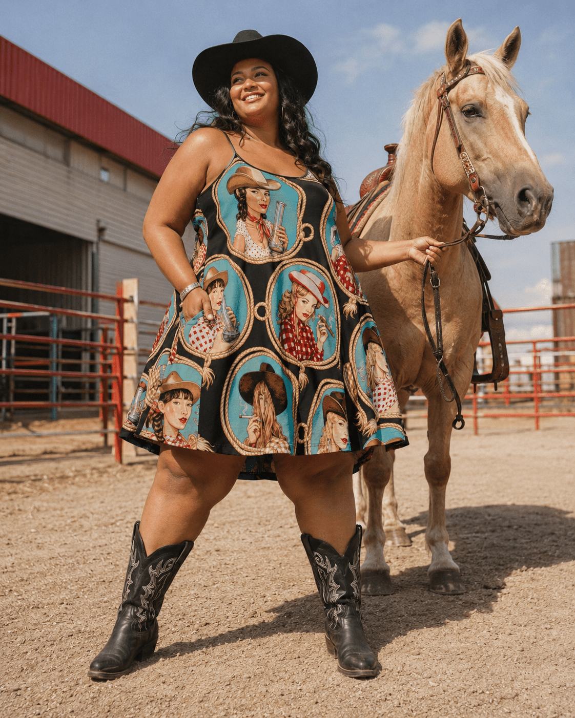 Stampede graphic print midi pocket dress, back view on model