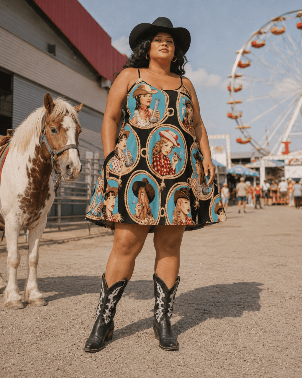 Stampede graphic print midi pocket dress, lifestyle editorial shot on model