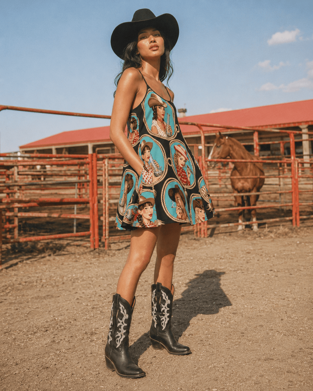 Stampede graphic print midi pocket dress, print detail close-up