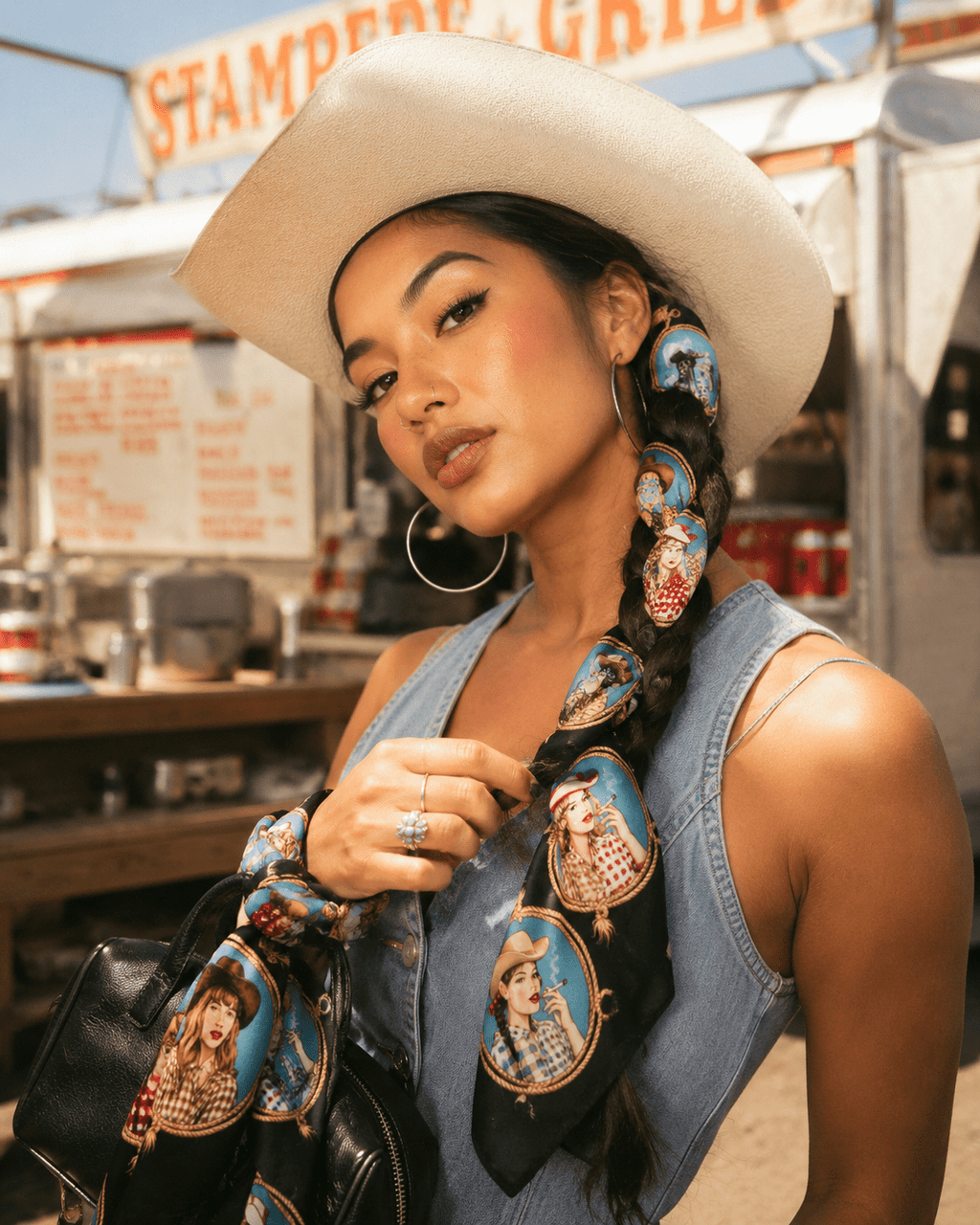 Stampede graphic print silky scarf, lifestyle editorial shot on model