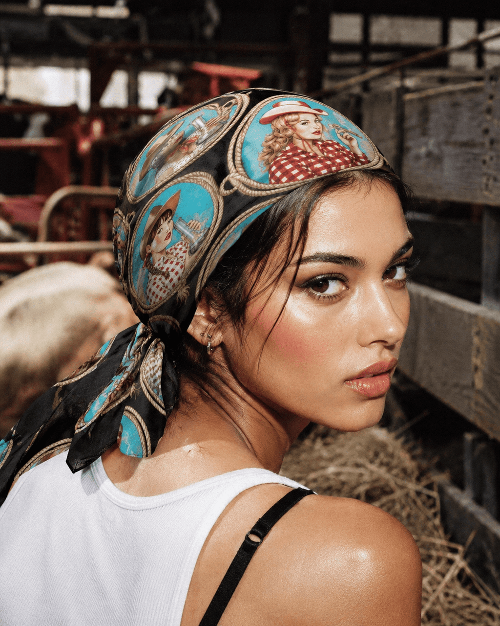 Jane Dope Stampede graphic print silky scarf, draped over shoulders on model