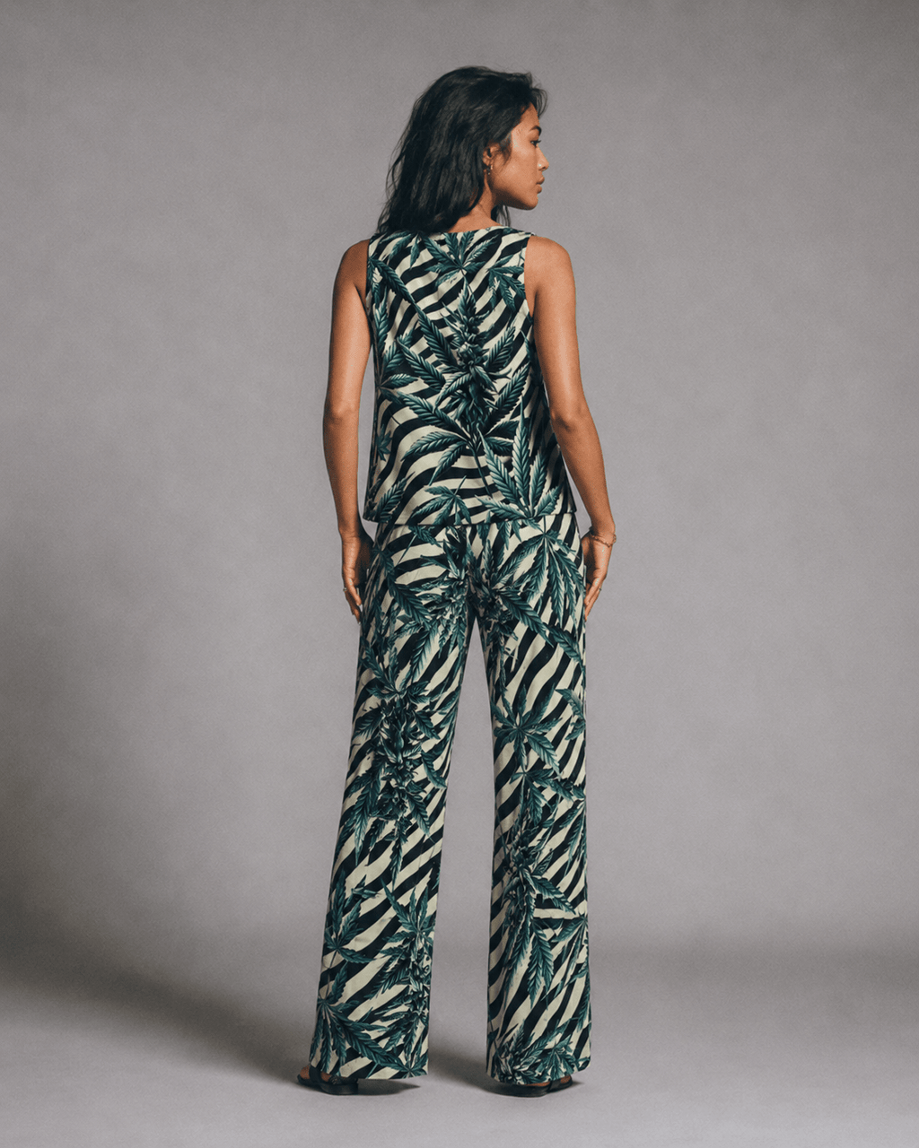Jane Dope stripes and buds zebra print chiffon crop top and wide-leg pants set, back view on model
