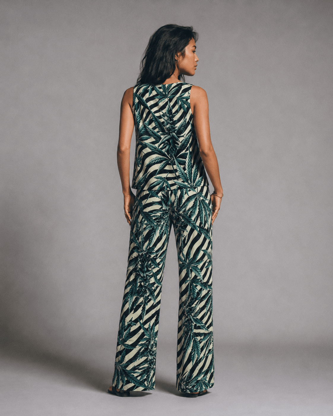 Jane Dope stripes and buds zebra print chiffon crop top and wide-leg pants set, back view on model