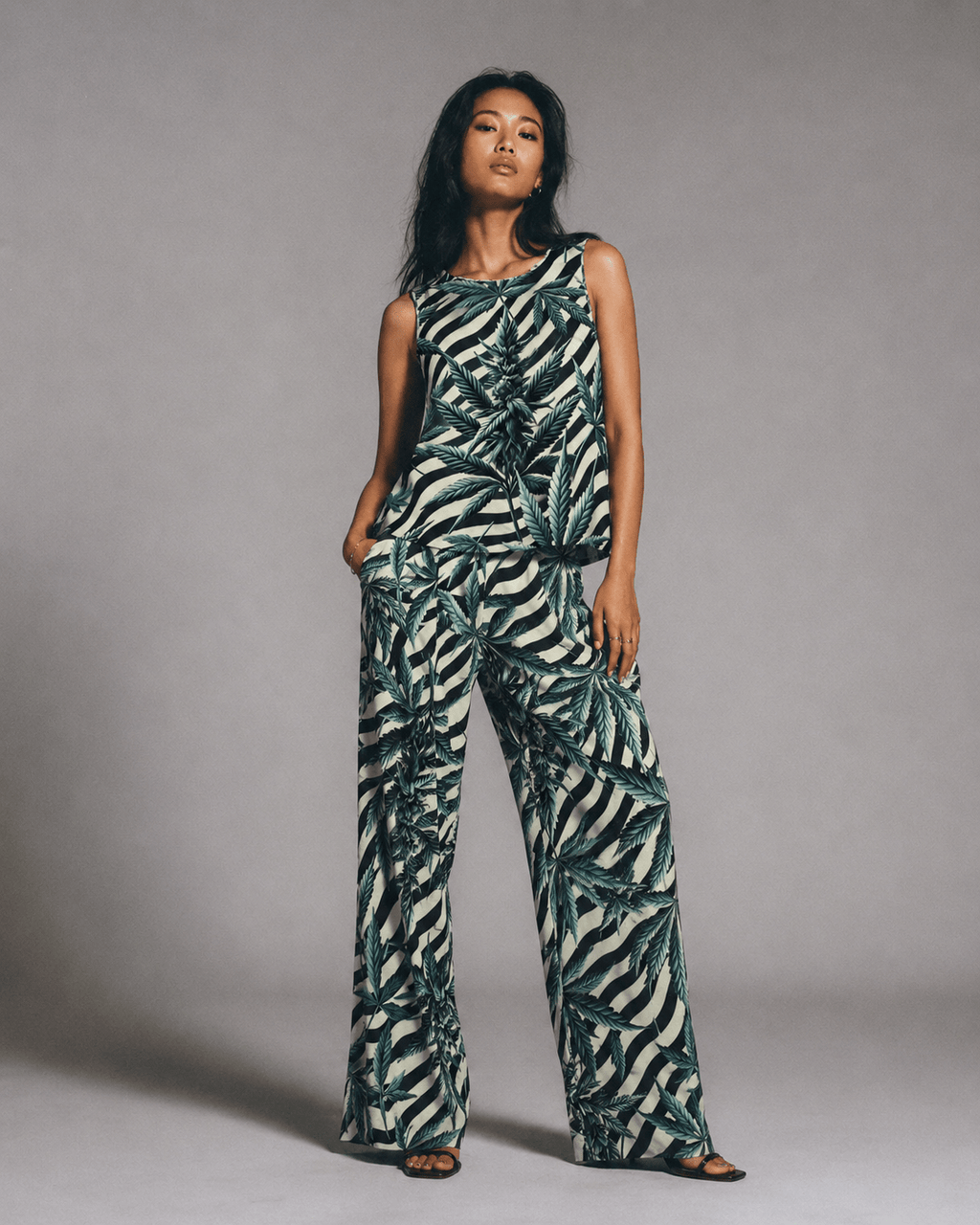 Jane Dope stripes and buds zebra print chiffon crop top and wide-leg pants set, front view on model