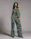 Jane Dope stripes and buds zebra print chiffon crop top and wide-leg pants set, front view on model