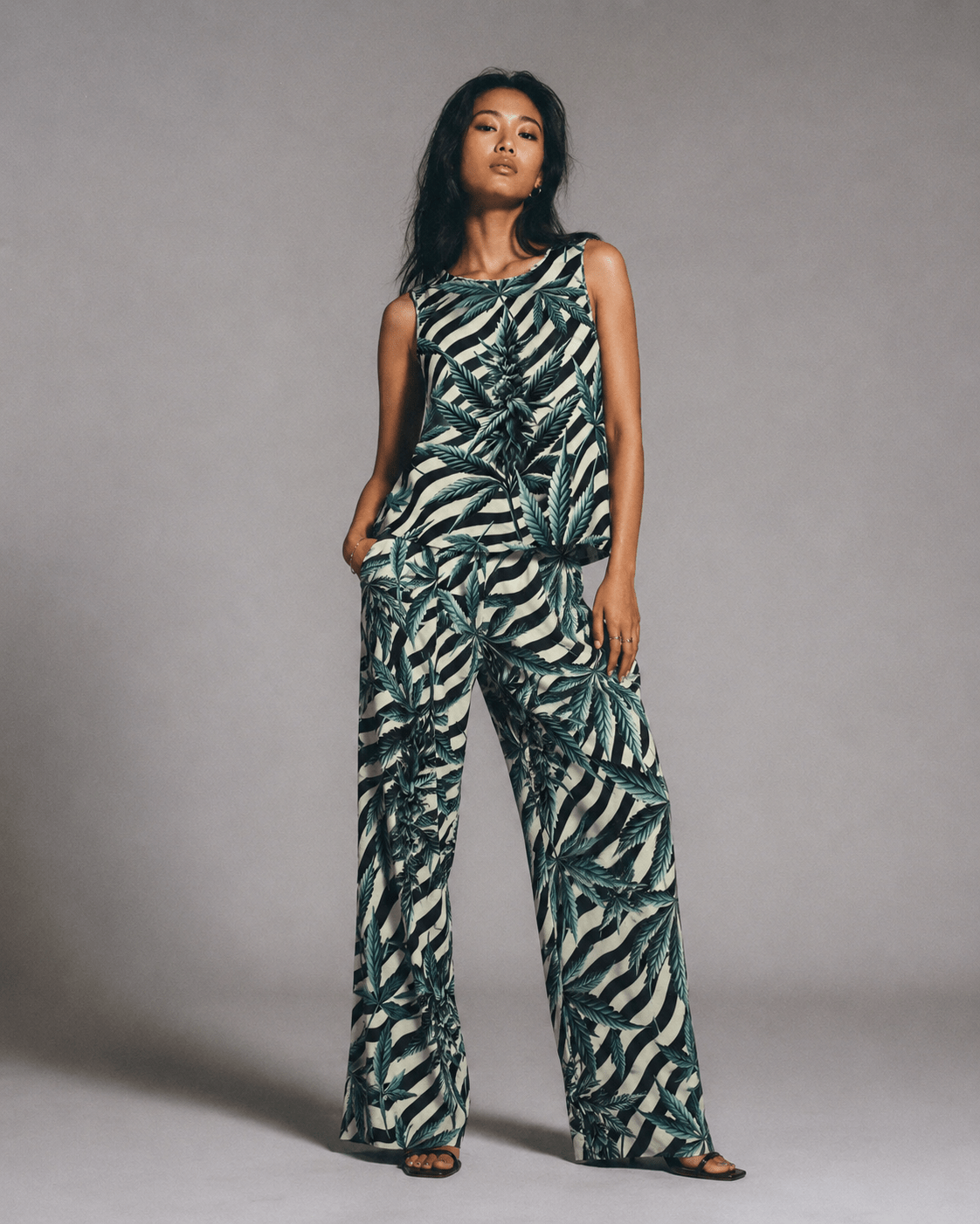 Jane Dope stripes and buds zebra print chiffon crop top and wide-leg pants set, front view on model