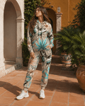 All-over print hoodie and sweatpants set, side view on model