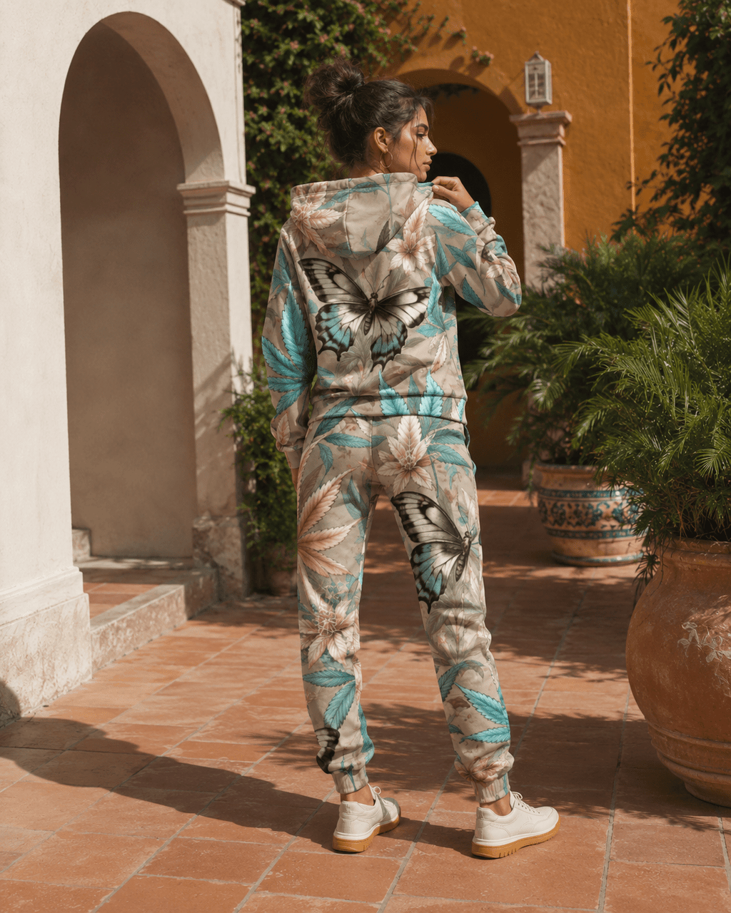 All-over print hoodie and sweatpants set, back view on model