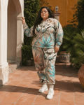 All-over print hoodie and sweatpants set, lifestyle shot on model outdoors