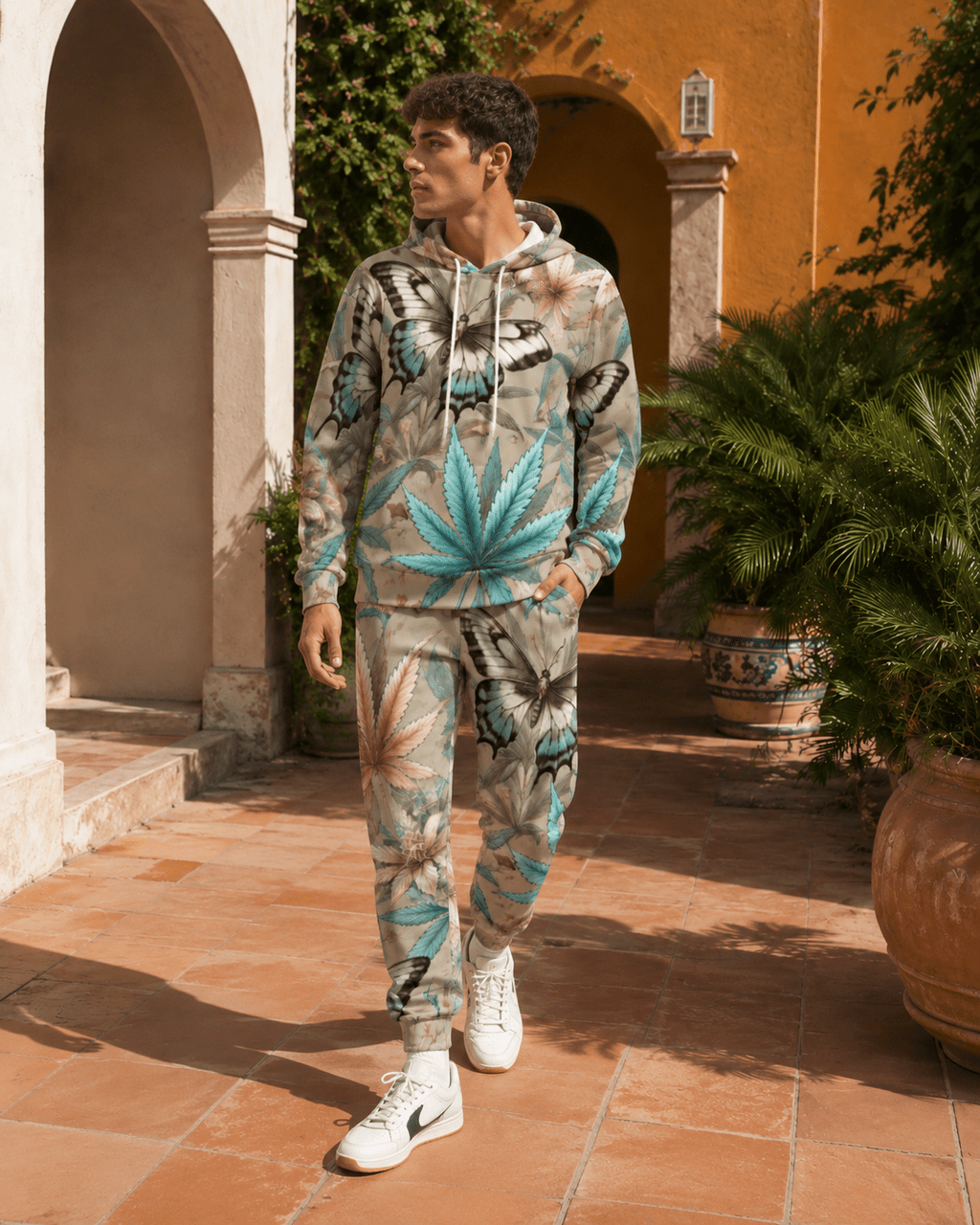 All-over print hoodie and sweatpants set, hood and pocket detail close-up