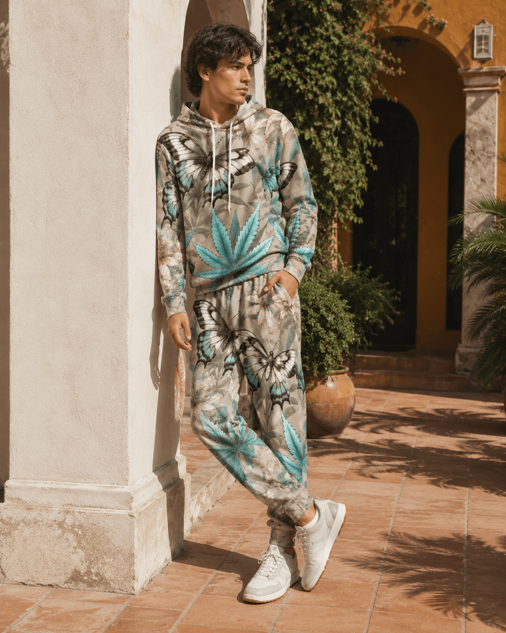 All-over print hoodie and sweatpants set, full length view on model outdoors