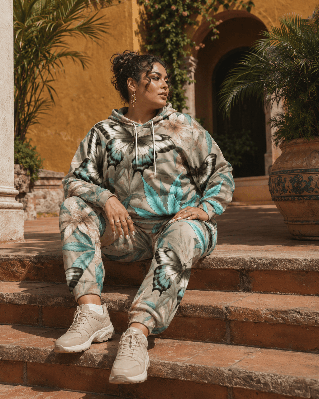 All-over print hoodie and sweatpants set, walking shot on model