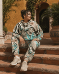 All-over print hoodie and sweatpants set, walking shot on model