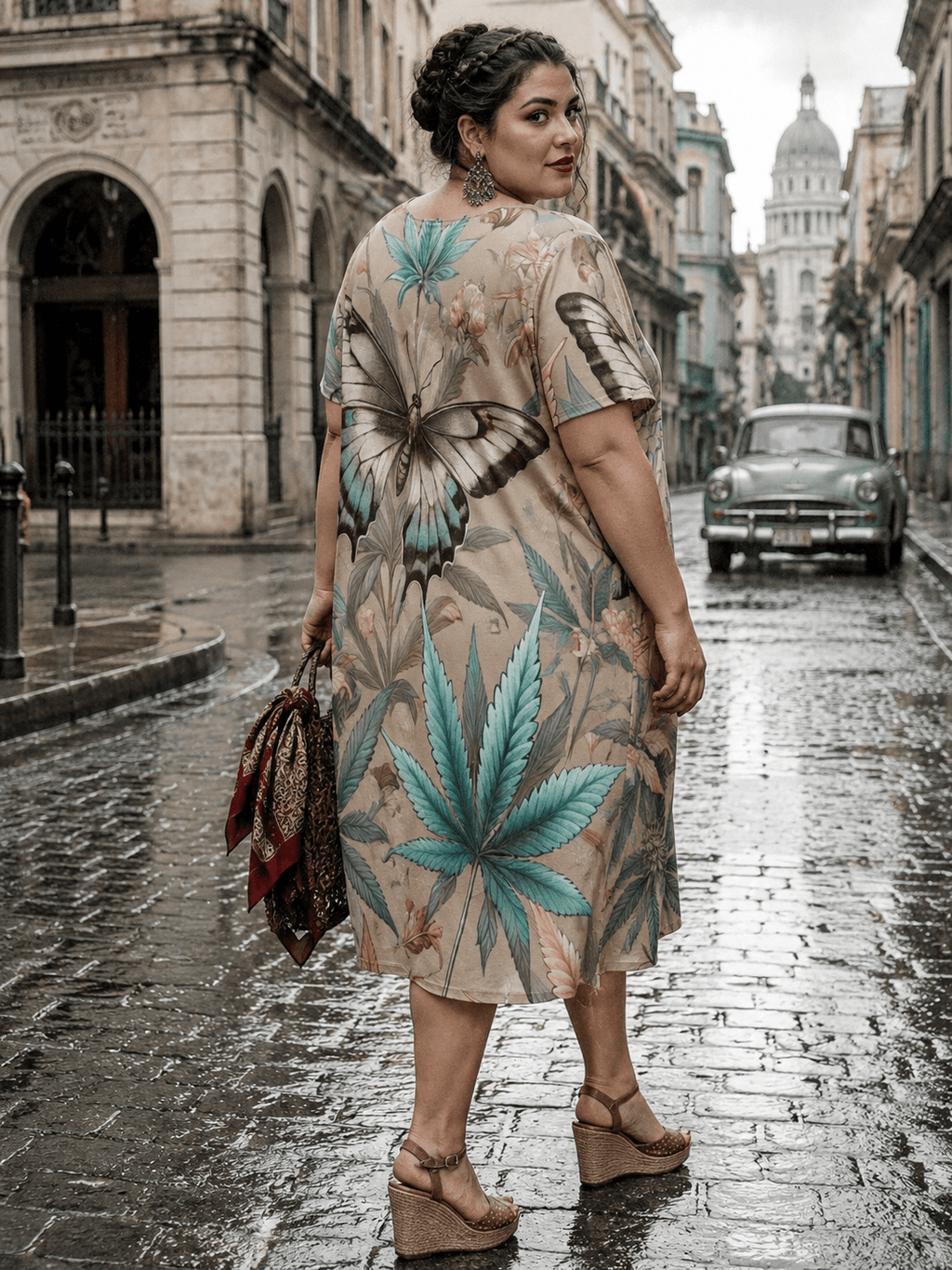 All-over print t-shirt dress, lifestyle editorial shot on model