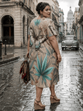 All-over print t-shirt dress, lifestyle editorial shot on model