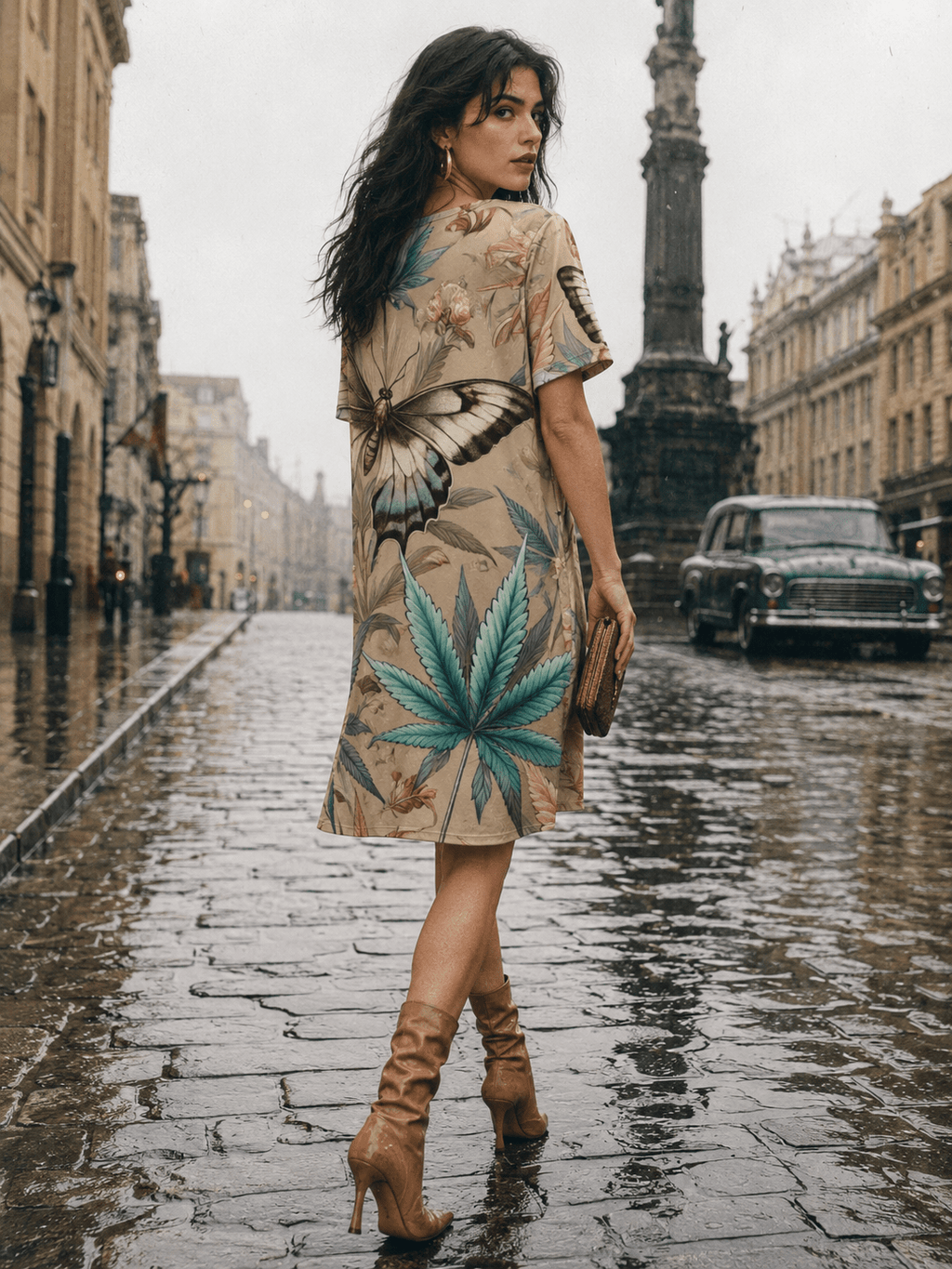 All-over print t-shirt dress, back view on model