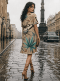 All-over print t-shirt dress, back view on model