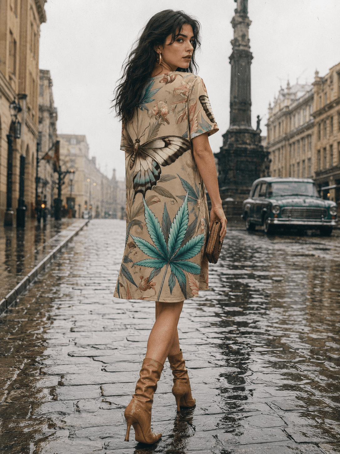 All-over print t-shirt dress, back view on model