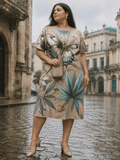 All-over print t-shirt dress, close-up showing fabric and print detail