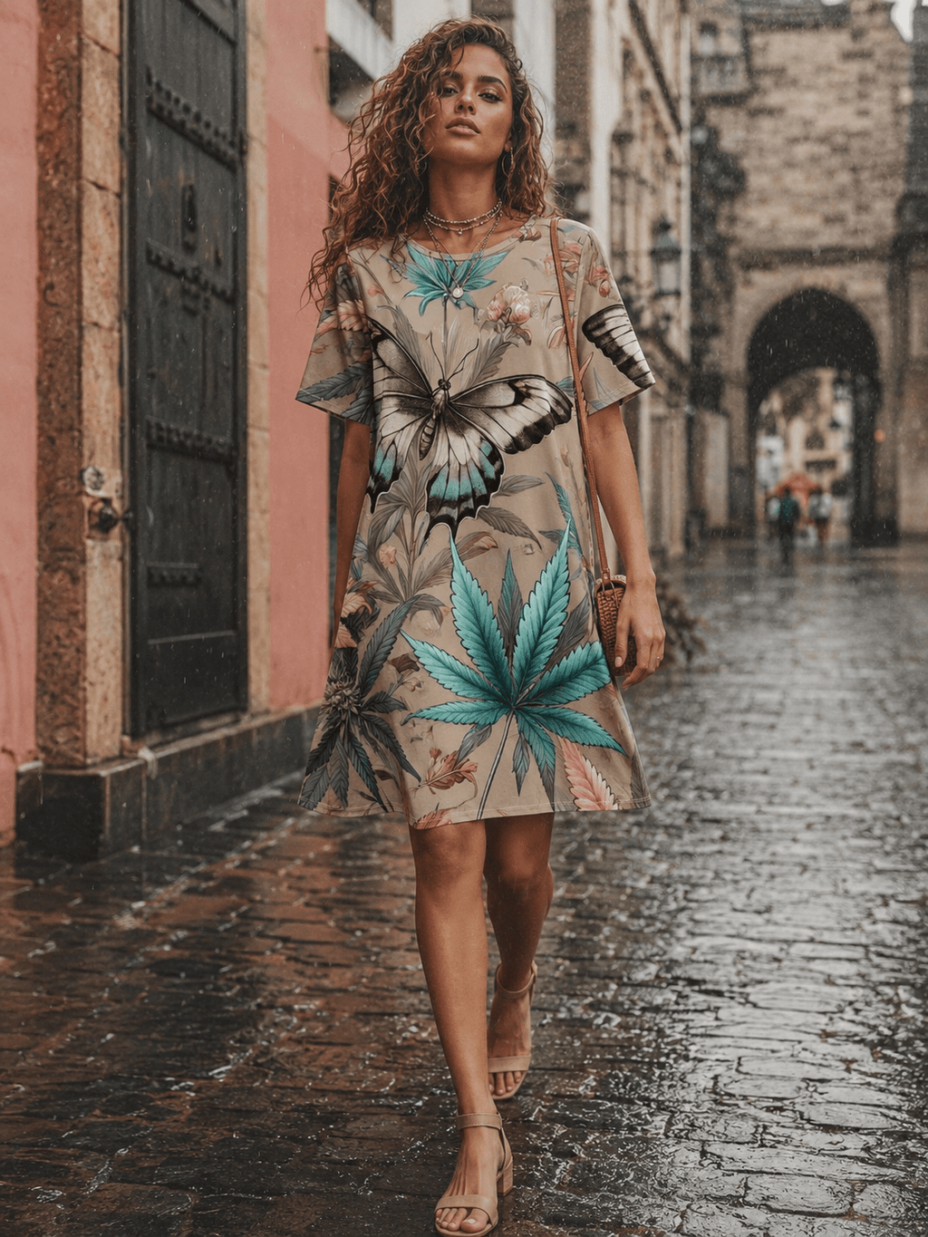 All-over print t-shirt dress, lifestyle shot on model