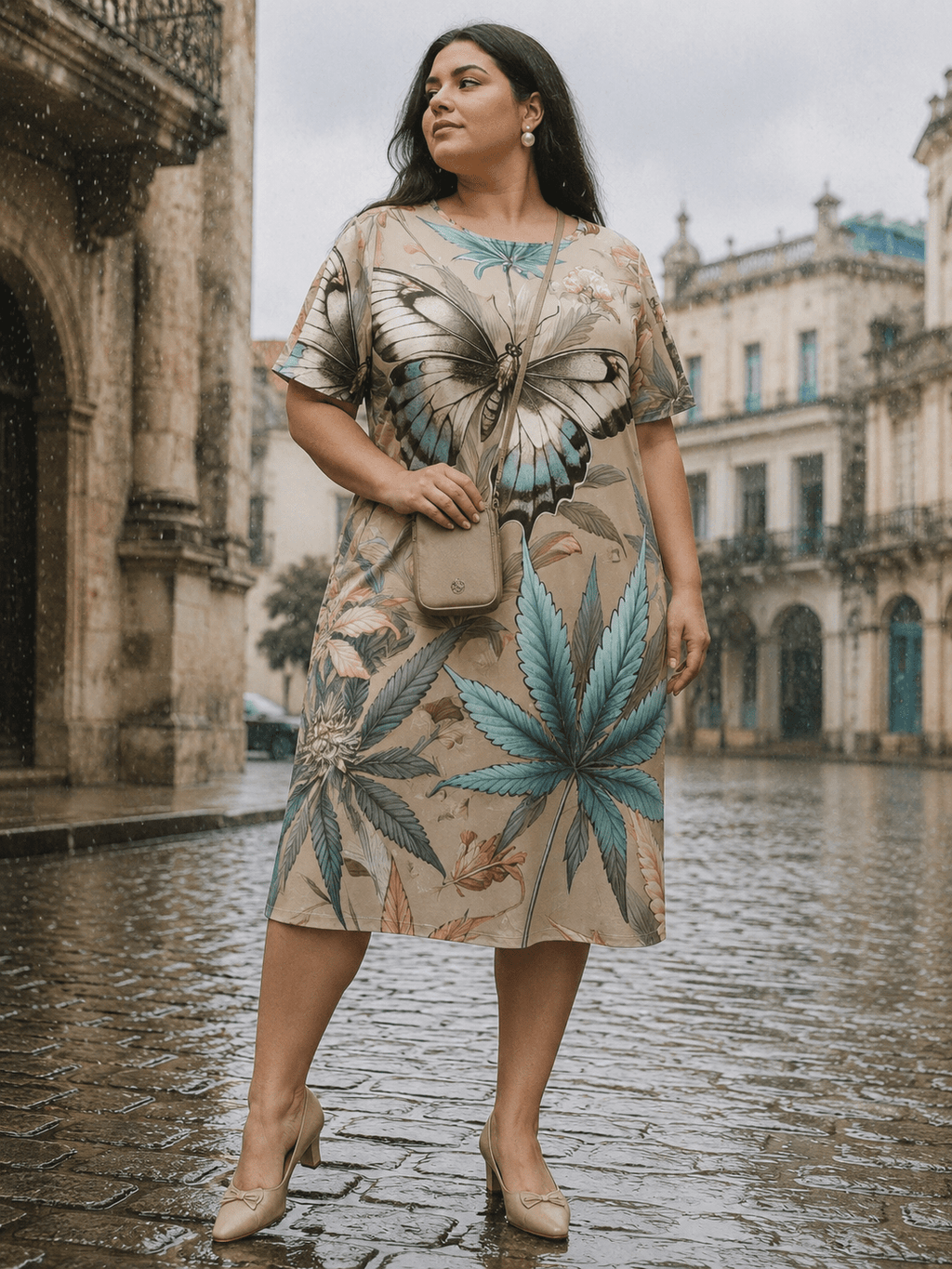 All-over print t-shirt dress, walking shot on model
