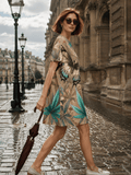 All-over print t-shirt dress, three-quarter view on model