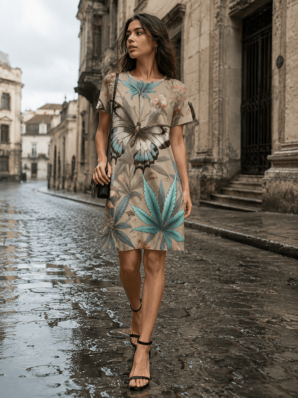 All-over print t-shirt dress, front view on model