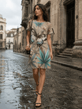 All-over print t-shirt dress, front view on model
