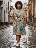 All-over print t-shirt dress, full length view on model outdoors