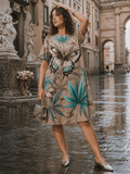 All-over print t-shirt dress, side view on model