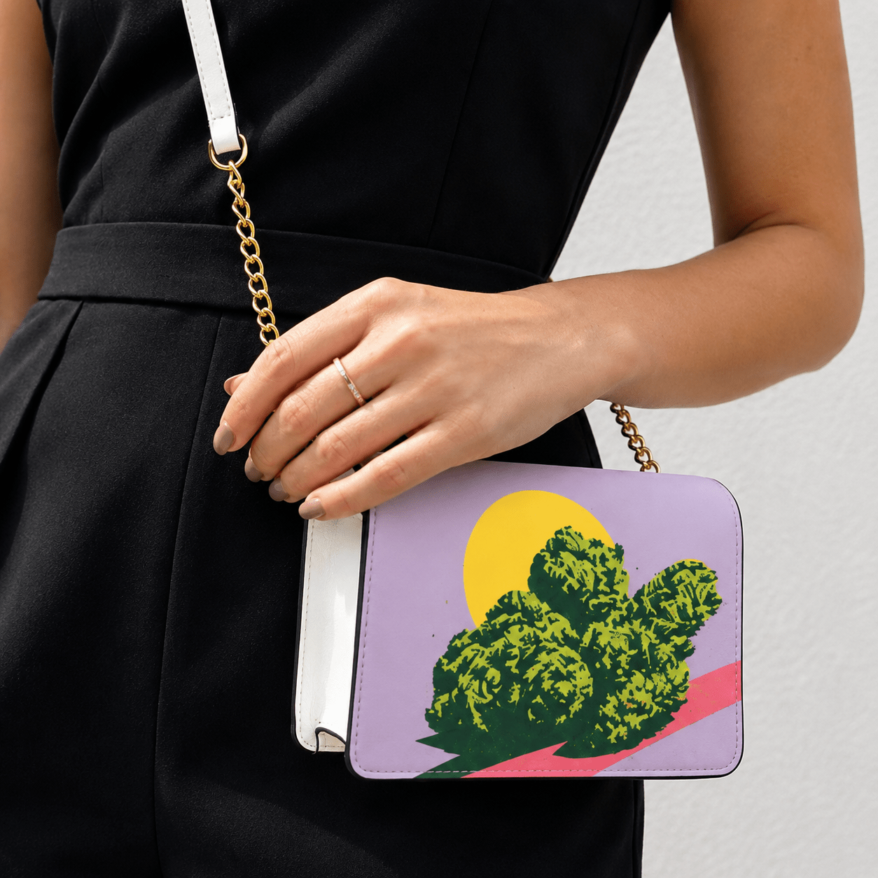 Jane Dope Nugz Sesh compact all-over print crossbody mini chain bag, front view