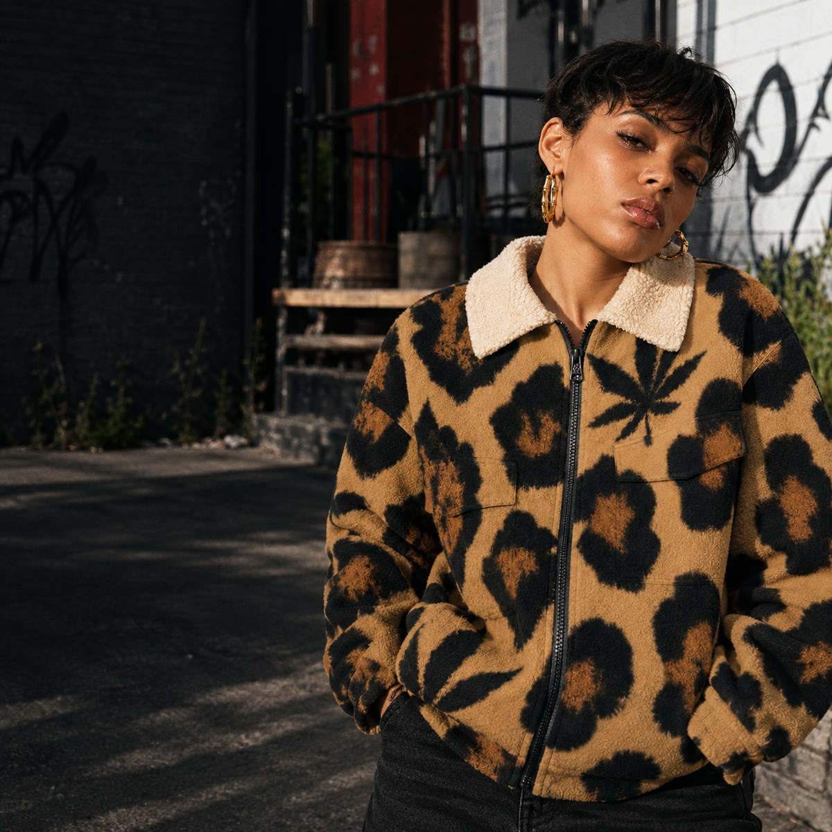 A woman wearing a brown and black leopard-print fleece jacket with a cream sherpa collar, standing outdoors in a sunlit urban alleyway.