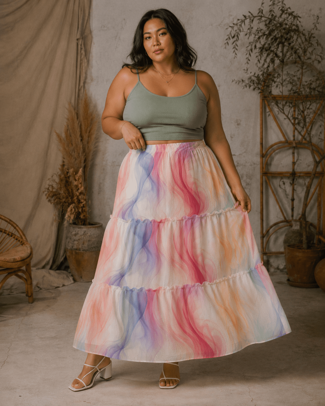 Ethereal smoke print tiered maxi skirt, seated lifestyle shot on model