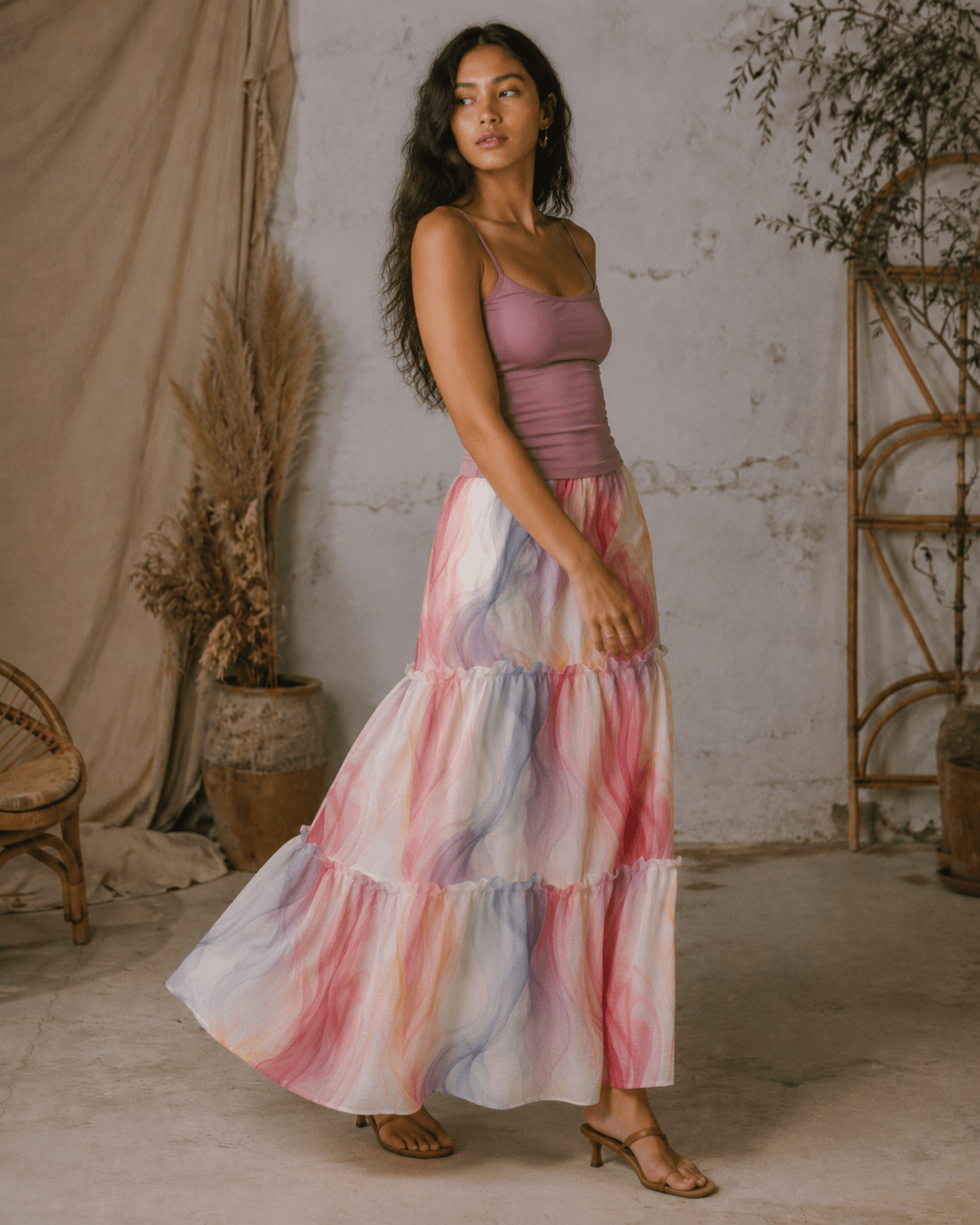 Ethereal smoke print tiered maxi skirt, lifestyle editorial shot on model